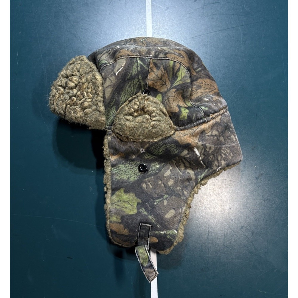 Vintage Camo Trapper Hat Hunting Camouflage Cap Quilt Lined Strap